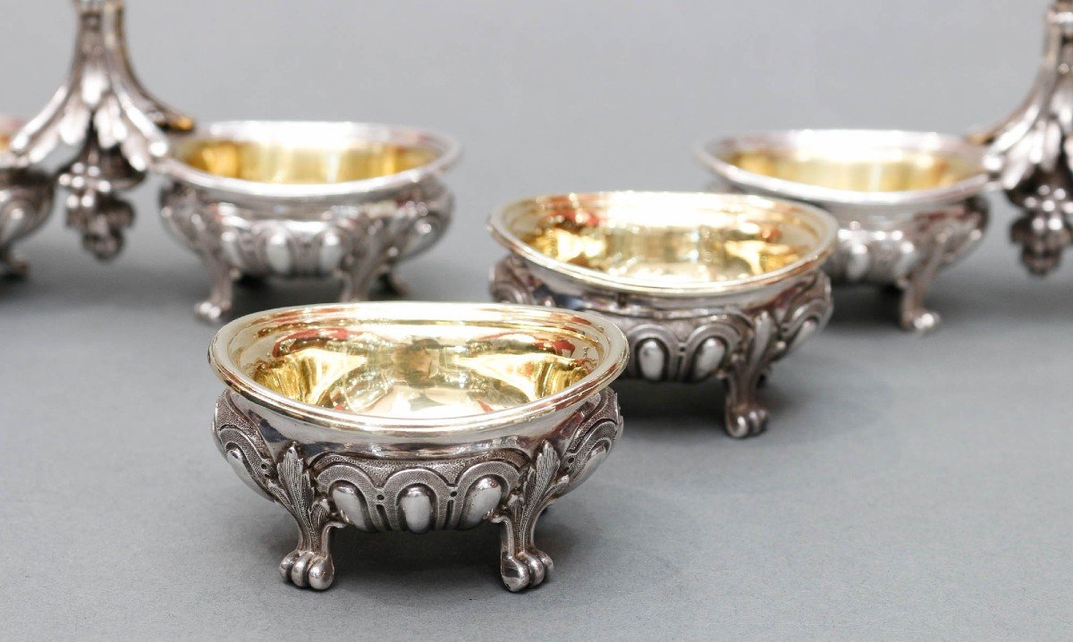 Odiot – Pair Of Double Salt Cellars + Two Individual 19th Century Silver-photo-3