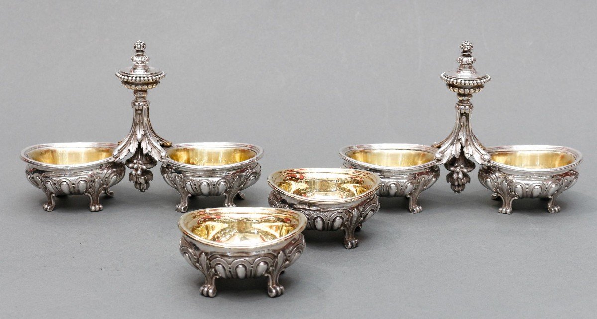 Odiot – Pair Of Double Salt Cellars + Two Individual 19th Century Silver