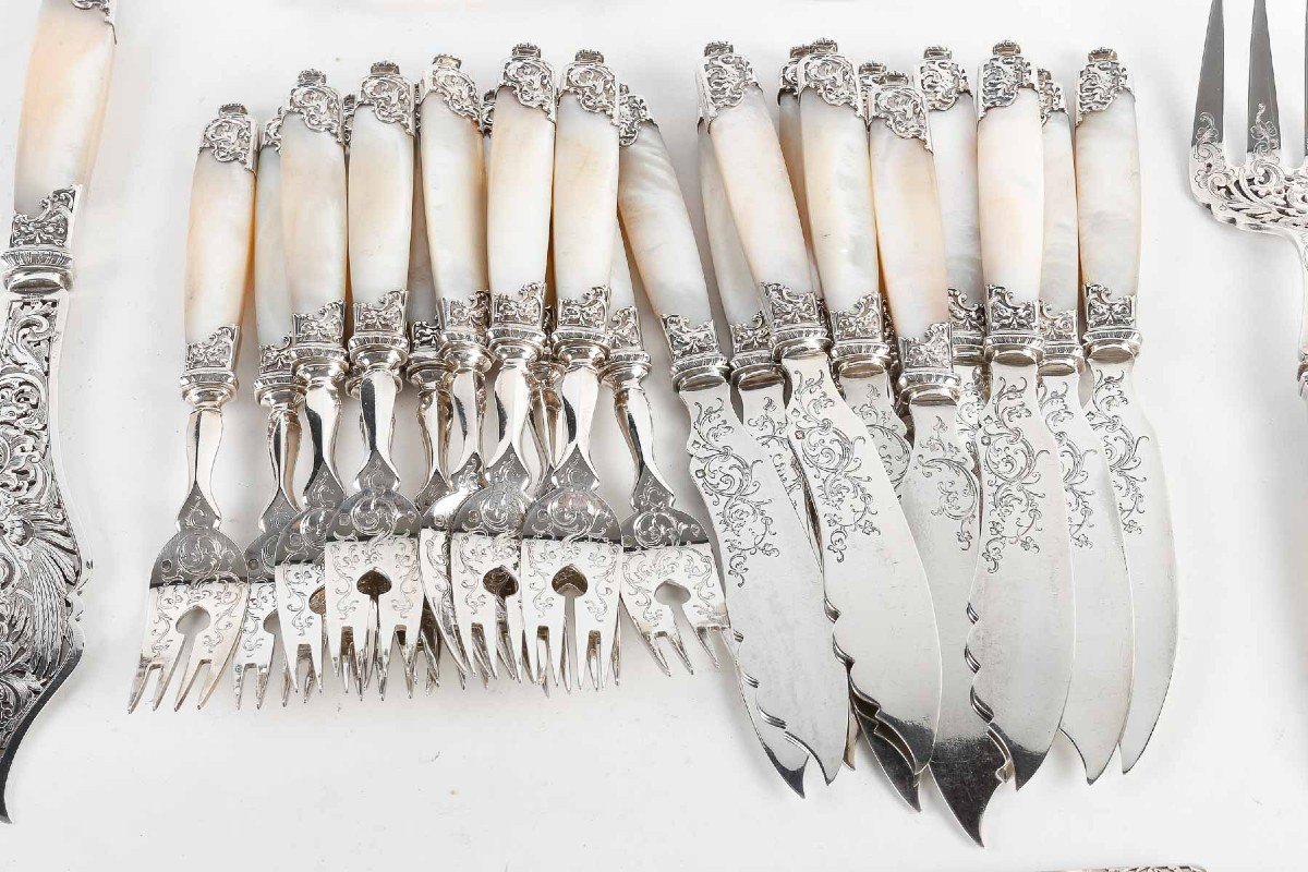 Merite Goldsmith – 12 Sterling Silver And Mother-of-pearl Fish Cutlery – 19th Century-photo-2