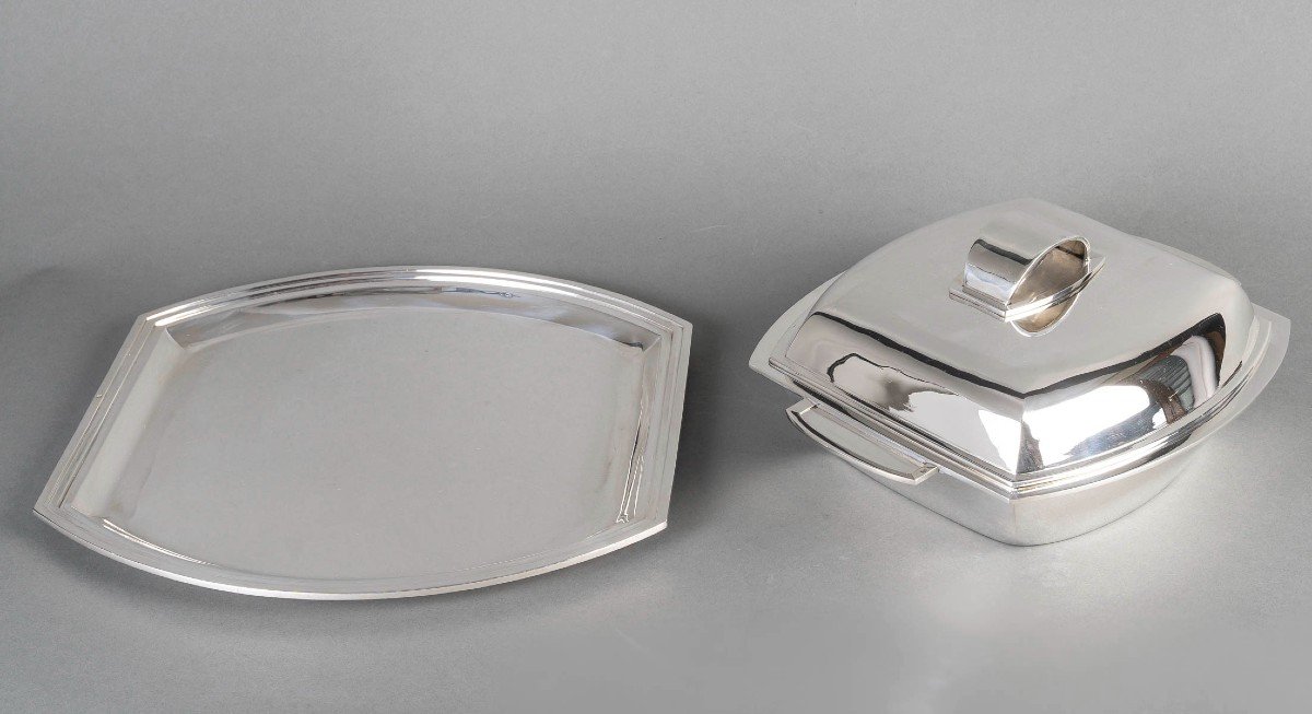 Christofle - Modernist Tureen On Its Art Deco Sterling Silver Tray-photo-3