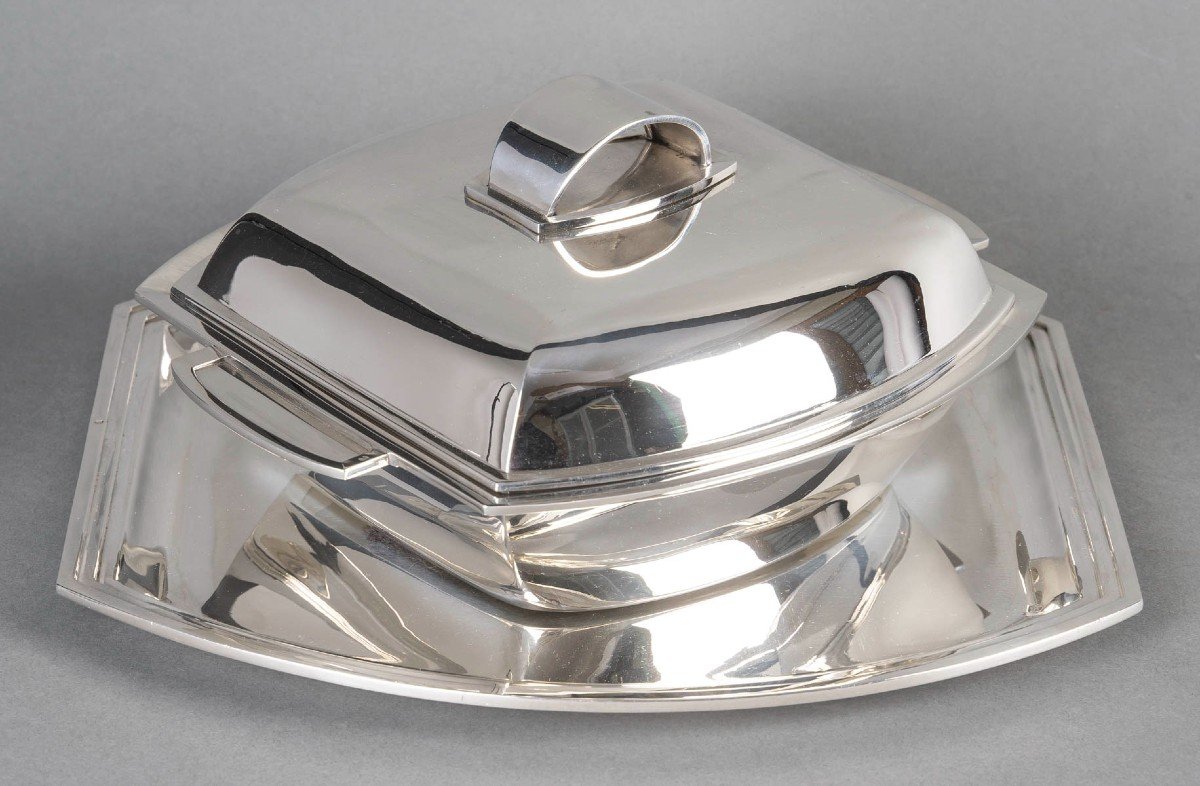 Christofle - Modernist Tureen On Its Art Deco Sterling Silver Tray-photo-8