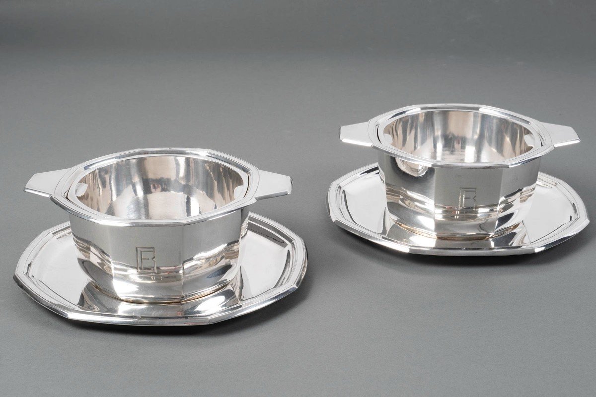 Jean E. Puiforcat - Pair Of Art Deco Sterling Silver Saucieres Period 1930-photo-2