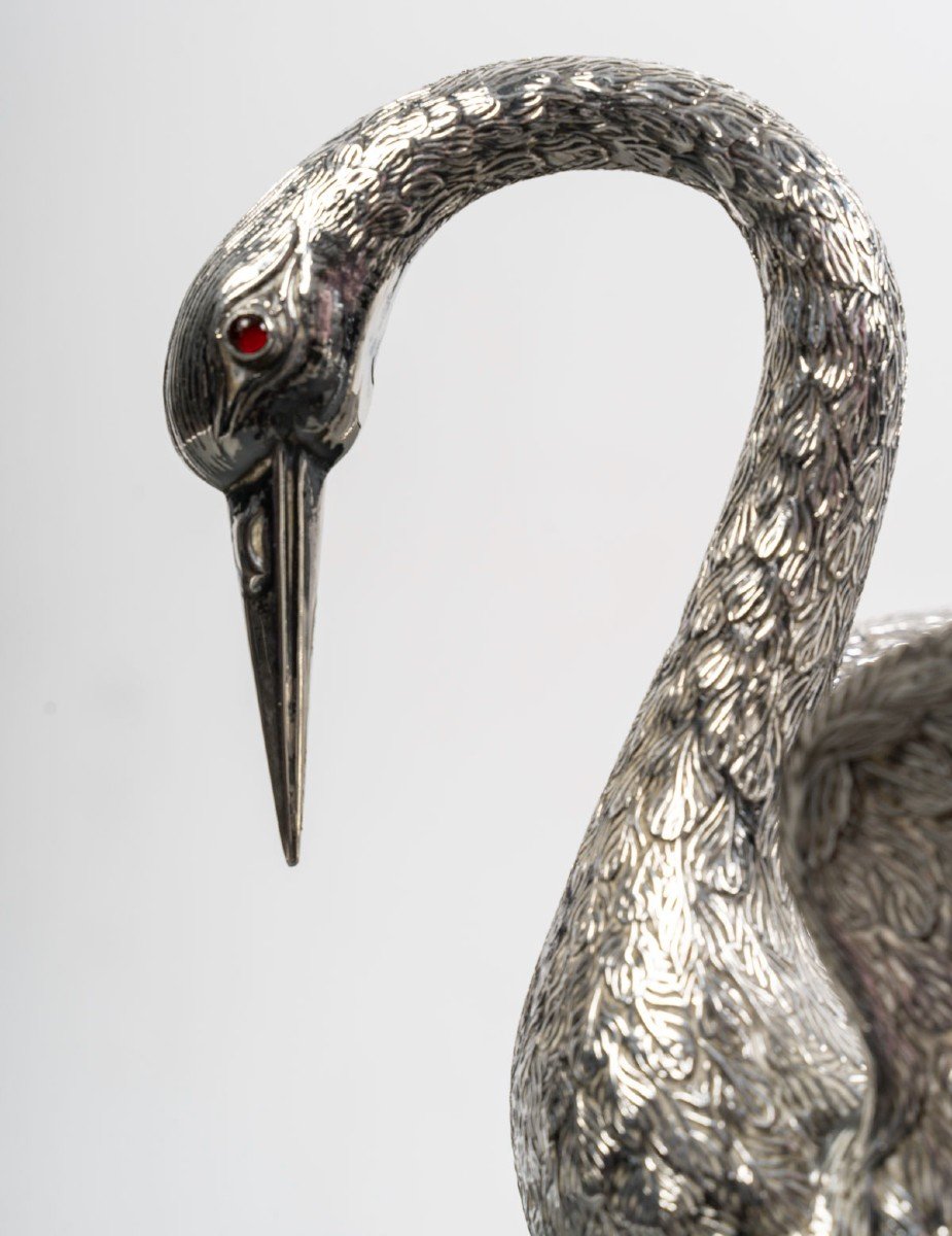 Heron In Solid Silver, Spain 20th Century-photo-3