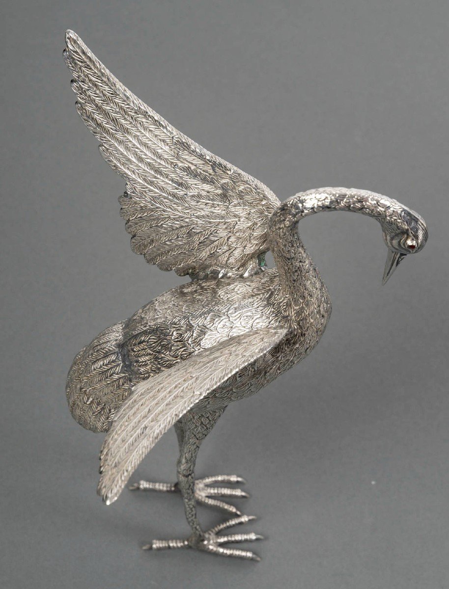 Heron In Solid Silver, Spain 20th Century-photo-5