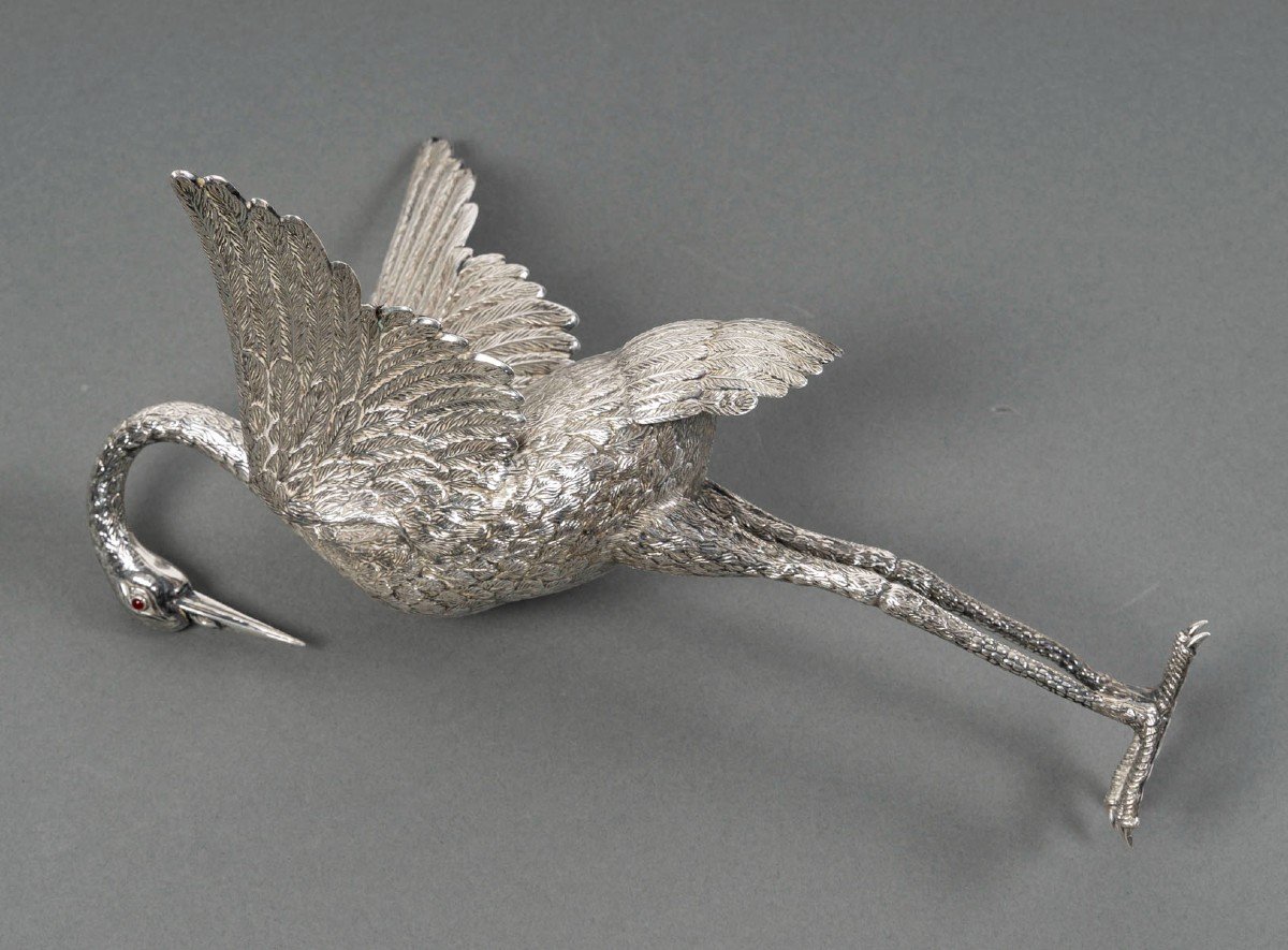 Heron In Solid Silver, Spain 20th Century-photo-6