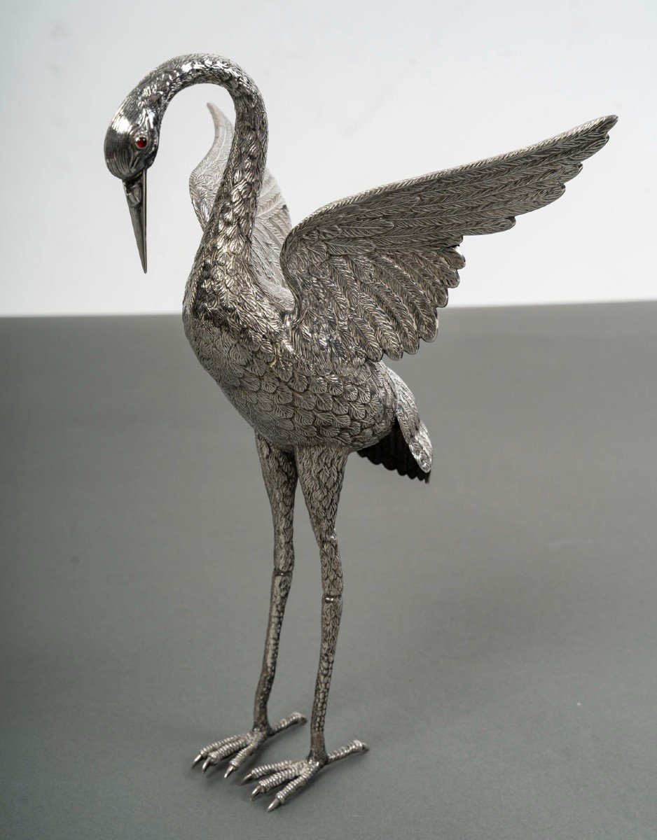 Heron In Solid Silver, Spain 20th Century