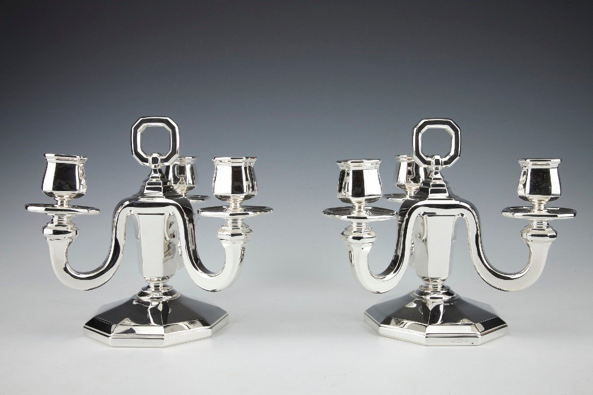 Goldsmith Gustave Keller - Pair Of Candelabra In Sterling Silver Art Deco Period 1930