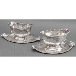 Goldsmith Lapparra & Gabriel - Pair Of Sauceboats On Tray In Sterling Silver Twentieth
