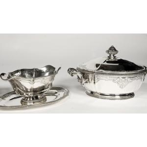 Lapparra - Vegetable Dish And Its Sauceboat In Sterling Silver Circa Nineteenth