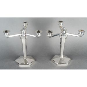 Jean E. Puiforcat – Pair Of Solid Silver Candelabras Artdeco Period Circa 1930