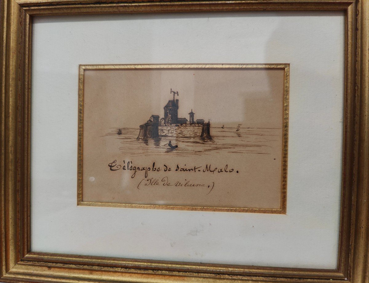 French Romantic School Drawing 19th Century Telegraph Of Saint Malo Island Of Villaine