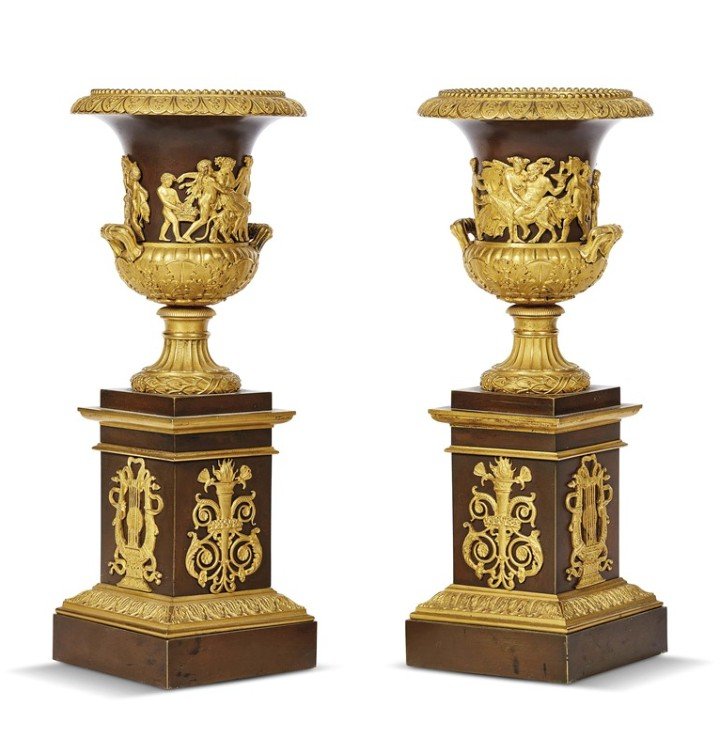 Pair Of Cassolettes Or Vases In Gilt And Patinated Bronze, Empire-photo-2