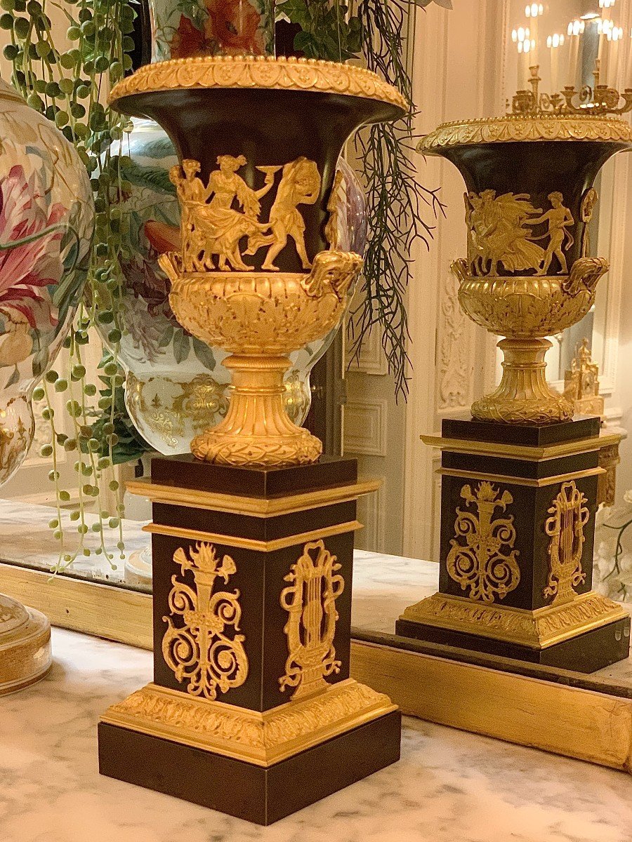 Pair Of Cassolettes Or Vases In Gilt And Patinated Bronze, Empire-photo-4