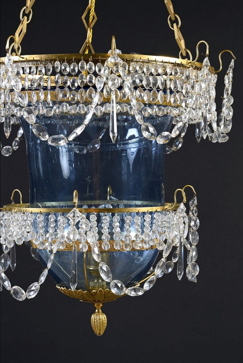 Russian Hall Lantern In Blue Glass, Crystal And Gilt Bronze. 18th Century (st. Petersburg) -photo-2