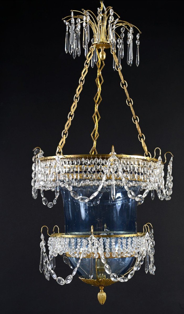 Russian Hall Lantern In Blue Glass, Crystal And Gilt Bronze. 18th Century (st. Petersburg) -photo-3