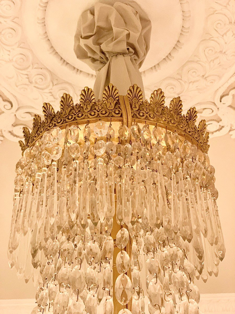 Lustre Montgolfière Empire En Bronze Doré, Laiton Et Cristal - 19e Siècle-photo-3