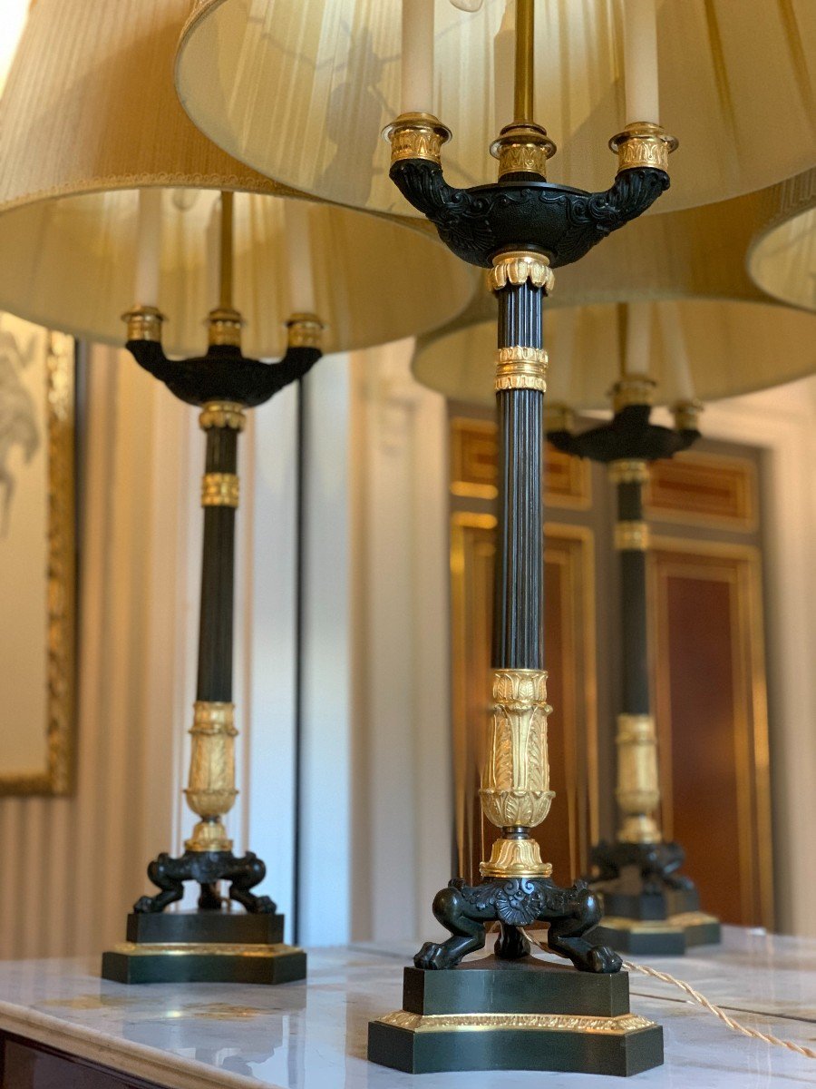 Pair Of 3-light Tripod Candelabra In Gilt And Patinated Bronze - Restoration Period