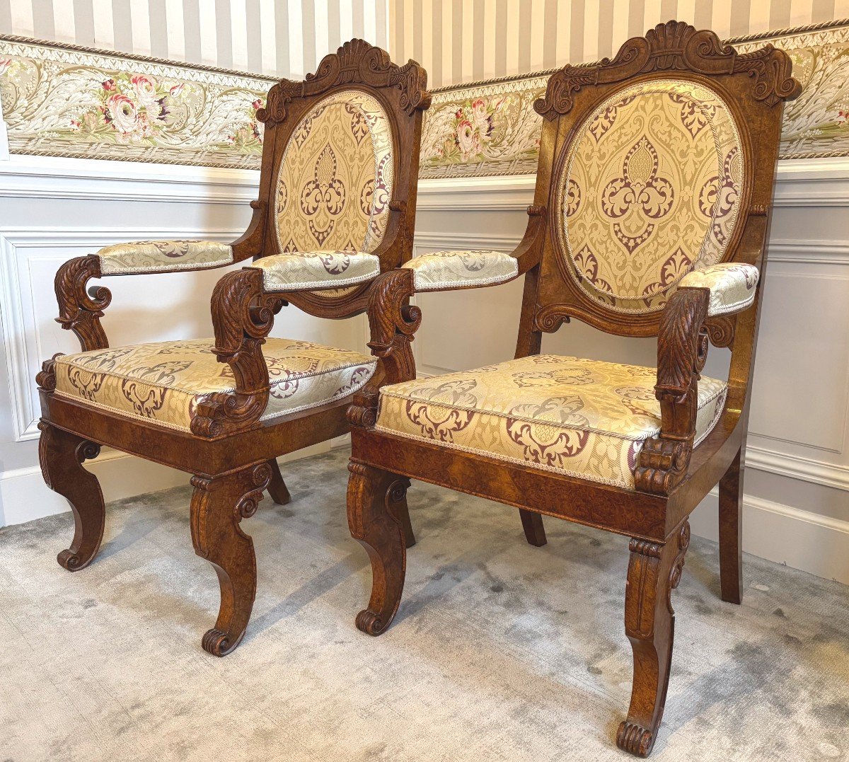 Pair Of Burl Armchairs - Circa 1830