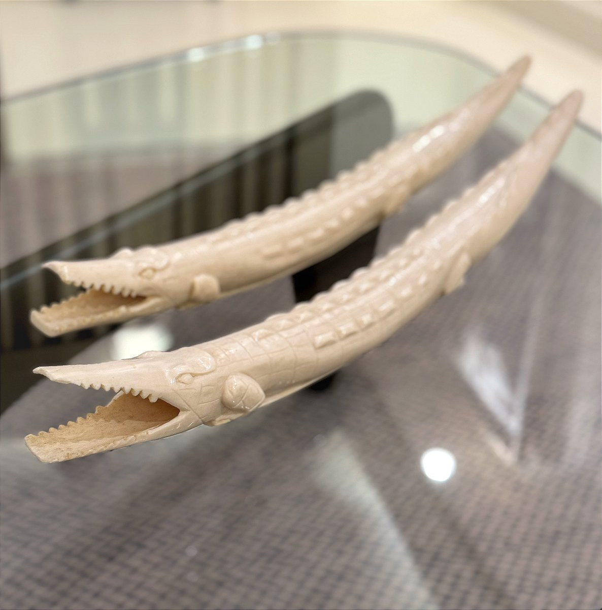 Paire d'Ivoires Représentant Deux Crocodiles Art Déco-photo-4