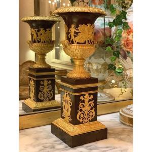 Pair Of Cassolettes Or Vases In Gilt And Patinated Bronze, Empire