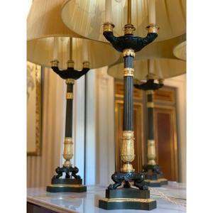 Pair Of 3-light Tripod Candelabra In Gilt And Patinated Bronze - Restoration Period