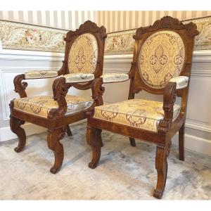 Pair Of Burl Armchairs - Circa 1830