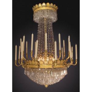 Lustre Corbeille En Bronze Doré Et Cristal - époque Empire