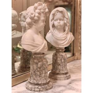 Pair Of White Marble Child Busts – Late 18th Century.