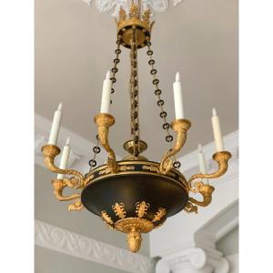 Lustre En Tôle Empire à 8 Branches - 19e Siècle 