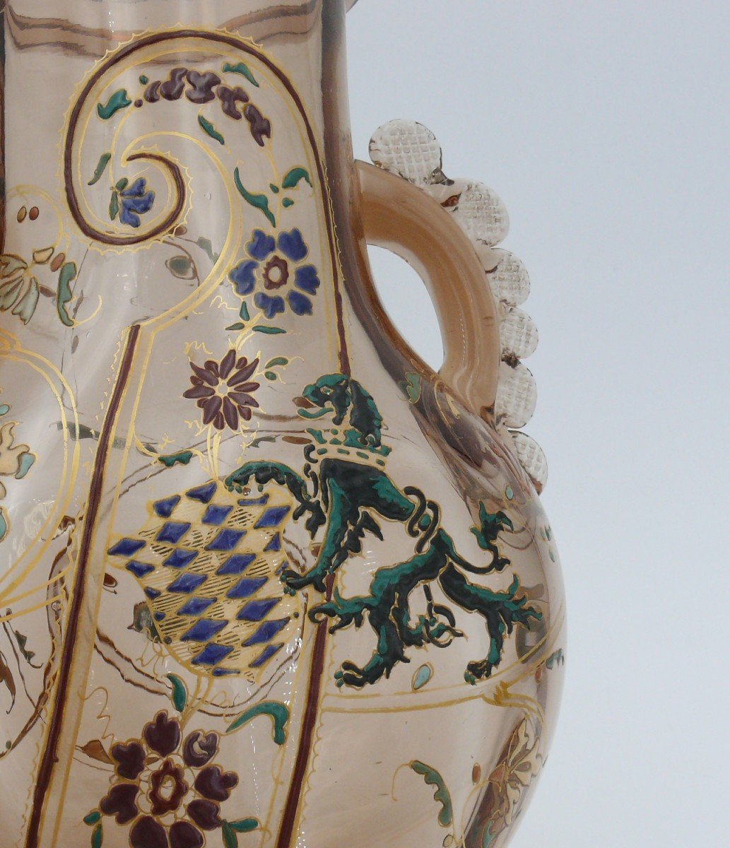 Enameled Pedestal Vase With Handles Heraldic Decor, Intact, Emile Gallé, Unsigned.-photo-2