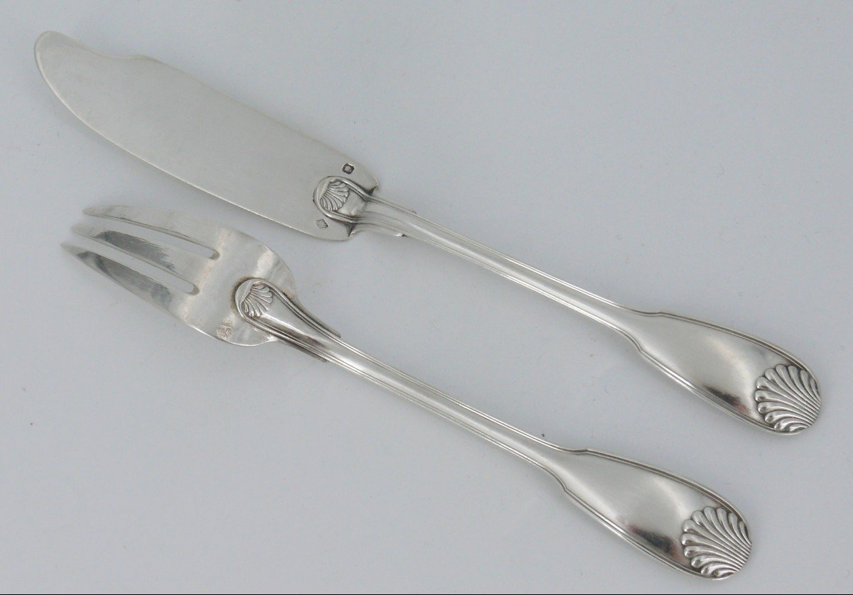 Louis Coignet, 6 Fish Cutlery, Sterling Silver Minerva, Shell, 12 Pieces Without Monogram-photo-3