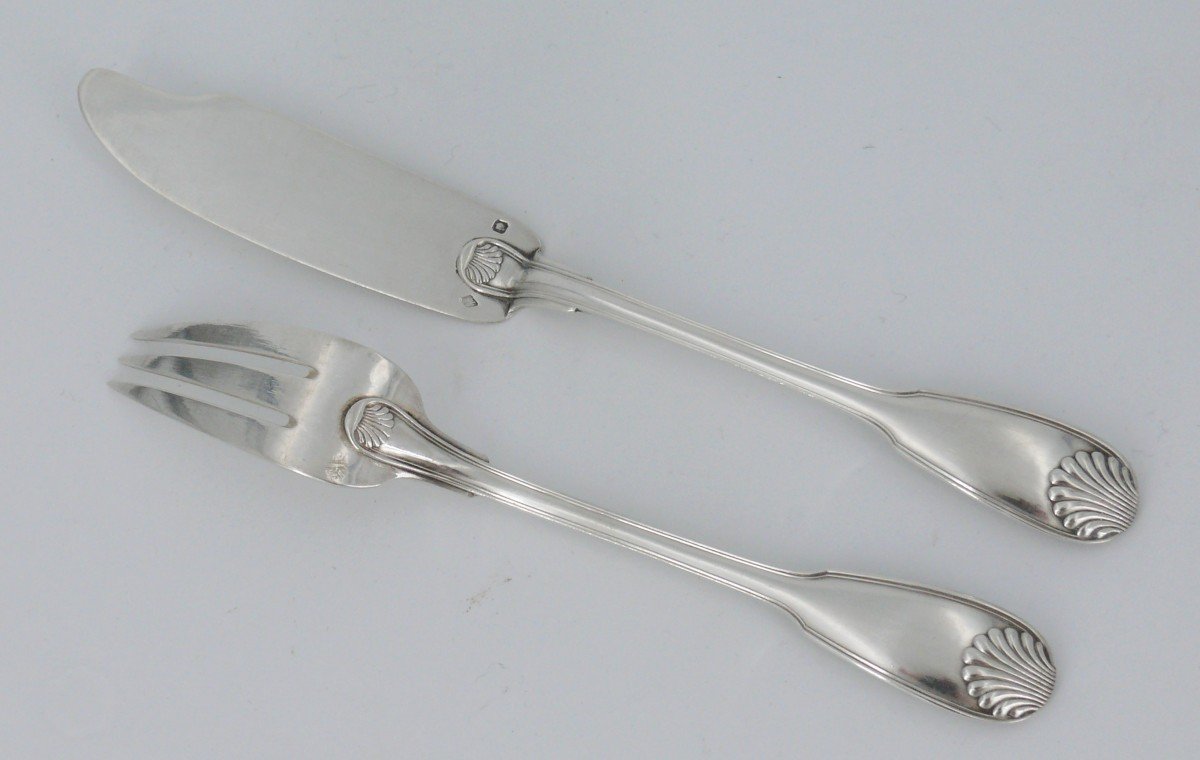 Louis Coignet, 6 Fish Cutlery, Sterling Silver Minerva, Shell, 12 Pieces Without Monogram-photo-2