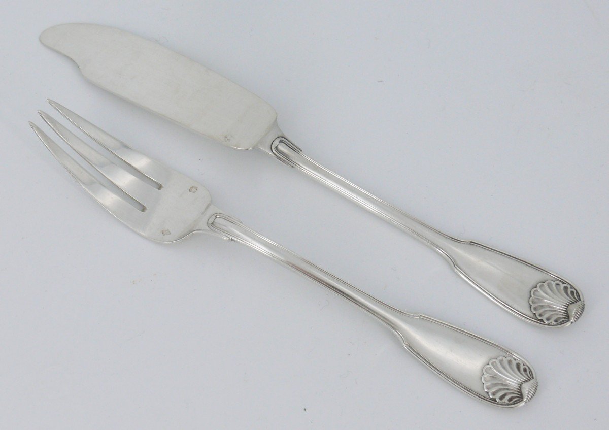 Louis Coignet, 6 Fish Cutlery, Sterling Silver Minerva, Shell, 12 Pieces Without Monogram-photo-4