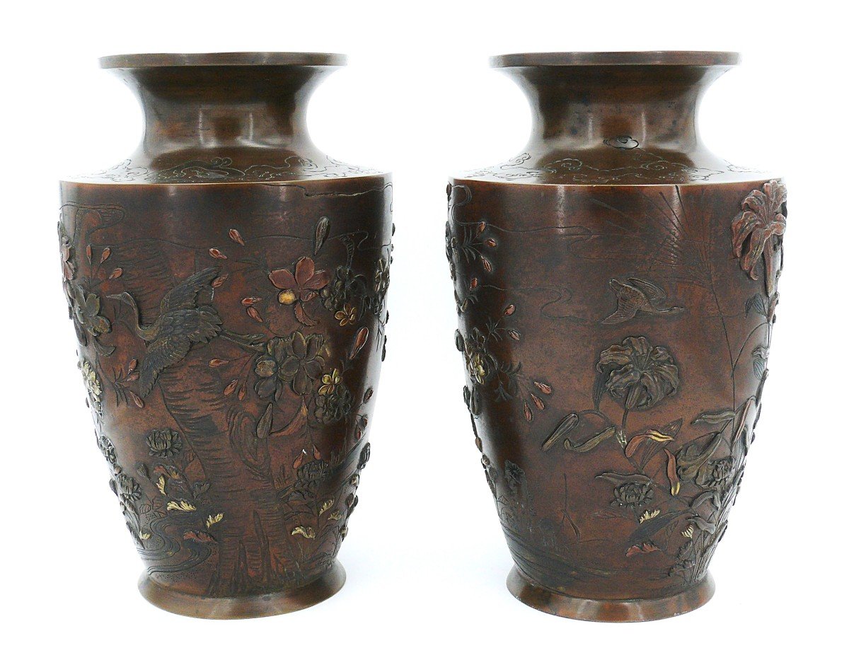 Paire De Vases En Bronze Incrusté, Japon, époque Meiji, XIX°, Excellent état.-photo-3