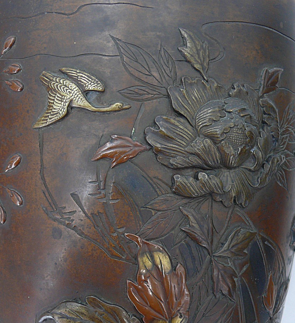 Paire De Vases En Bronze Incrusté, Japon, époque Meiji, XIX°, Excellent état.-photo-5