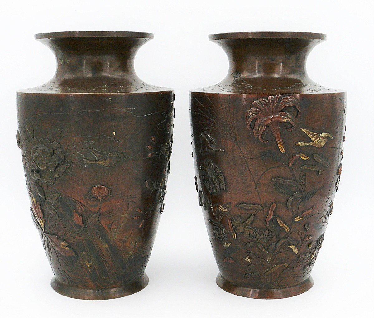 Paire De Vases En Bronze Incrusté, Japon, époque Meiji, XIX°, Excellent état.-photo-1