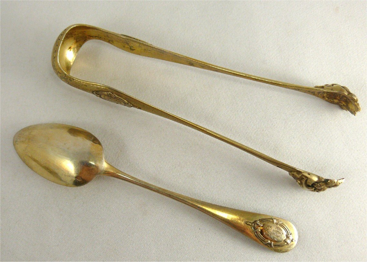 Box Of 24 Tea/coffee/dessert Spoons With Vermeil Sugar Tongs, Guilloche Silver.-photo-7