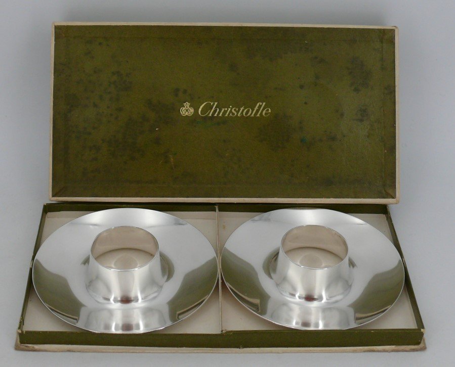 Christofle, Rare Pair Of Gemini Egg Cups, Silver Metal, Original Cardboard.-photo-6