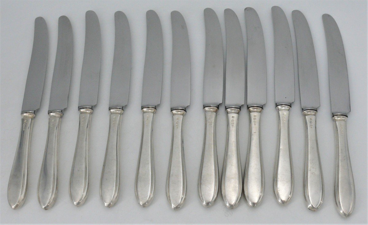 24 Silver Knives, Netherlands, Kemper & Begeer, 12 Table + 12 Dessert, Art Deco.-photo-3