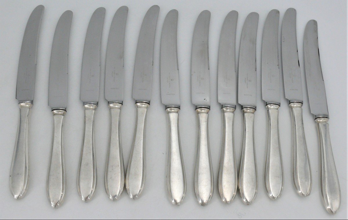 24 Silver Knives, Netherlands, Kemper & Begeer, 12 Table + 12 Dessert, Art Deco.-photo-4