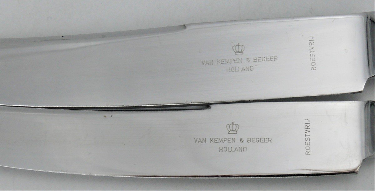 24 Silver Knives, Netherlands, Kemper & Begeer, 12 Table + 12 Dessert, Art Deco.-photo-4