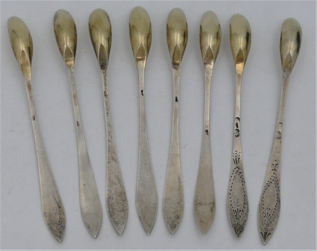 Series Of 8 Salt Spoons / Curettes, Sterling Silver Rooster Hallmark, 1798-1809-photo-2