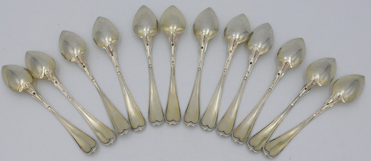 12 Tea/coffee/dessert Spoons In Old Sterling Silver, Vermeil, Straight Filet Model, Box.-photo-3