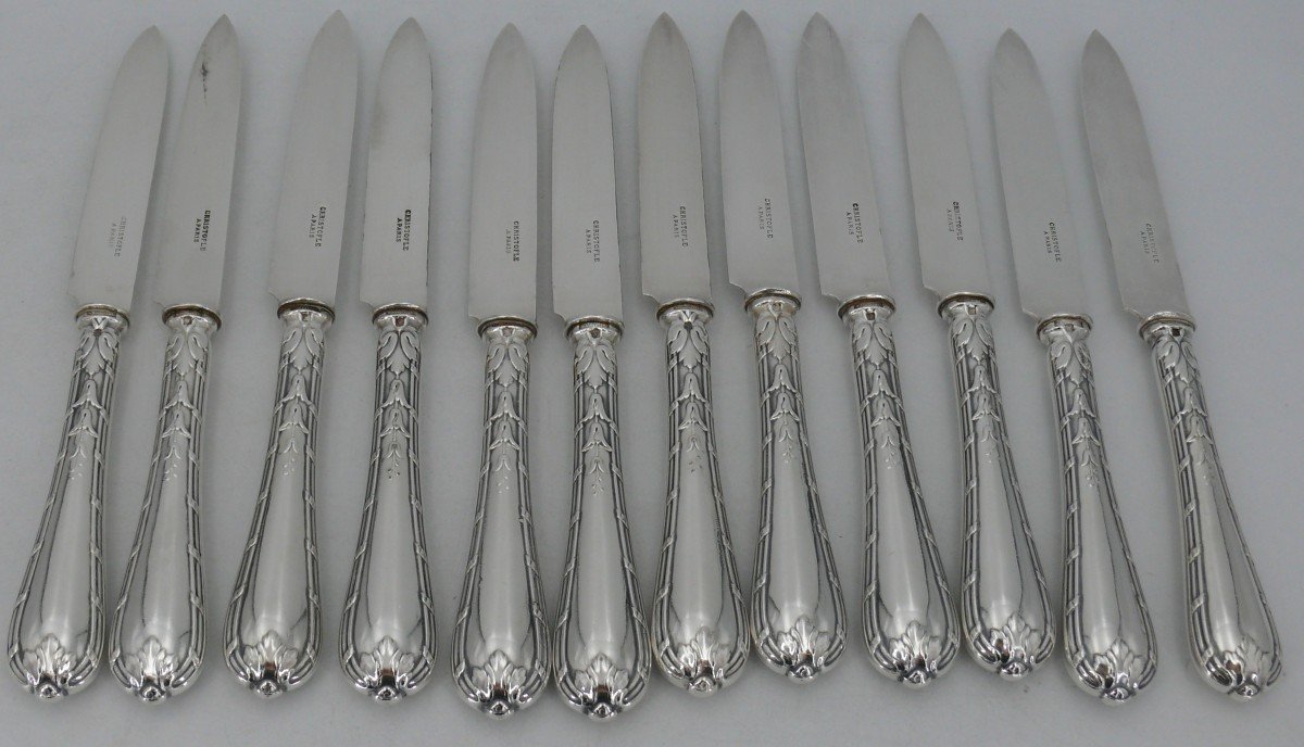 Christofle Model Ribbons Bells, 12 Fruit Knives, Silver Plated.