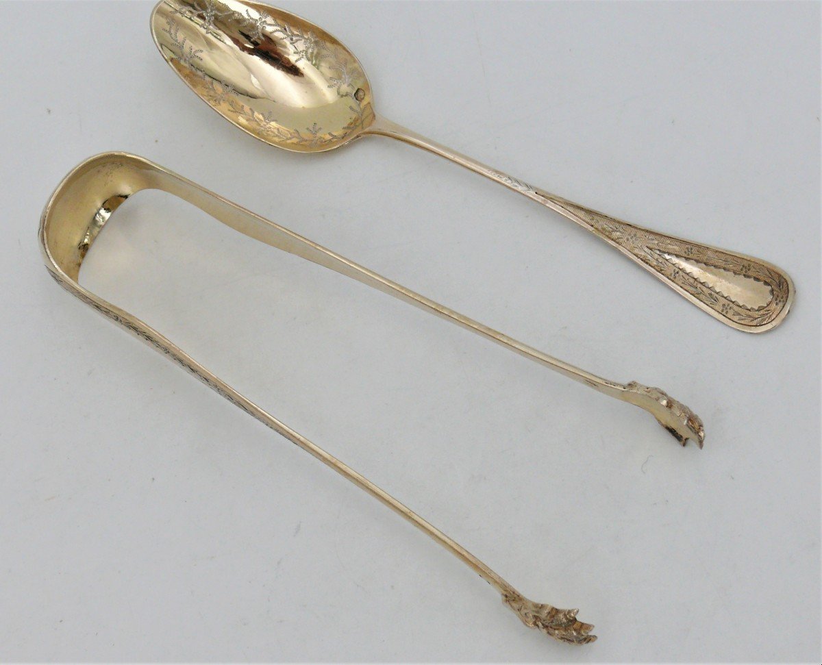 12 Tea/coffee/dessert Spoons + 1 Sugar Tongs, Vermeil Sterling Silver, Napoleon III.-photo-3