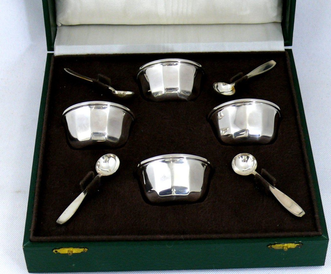 4 Salt Cellars/salt Cellars In Sterling Silver, Art Deco, Original Box, In Perfect Condition.