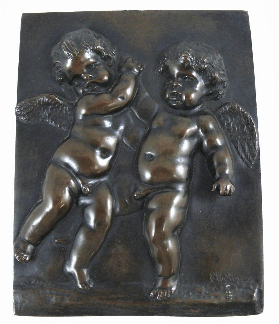 Bronze Relief Plaque Signed Clodion, Putti, Cherubim, Excellent Condition.-photo-3