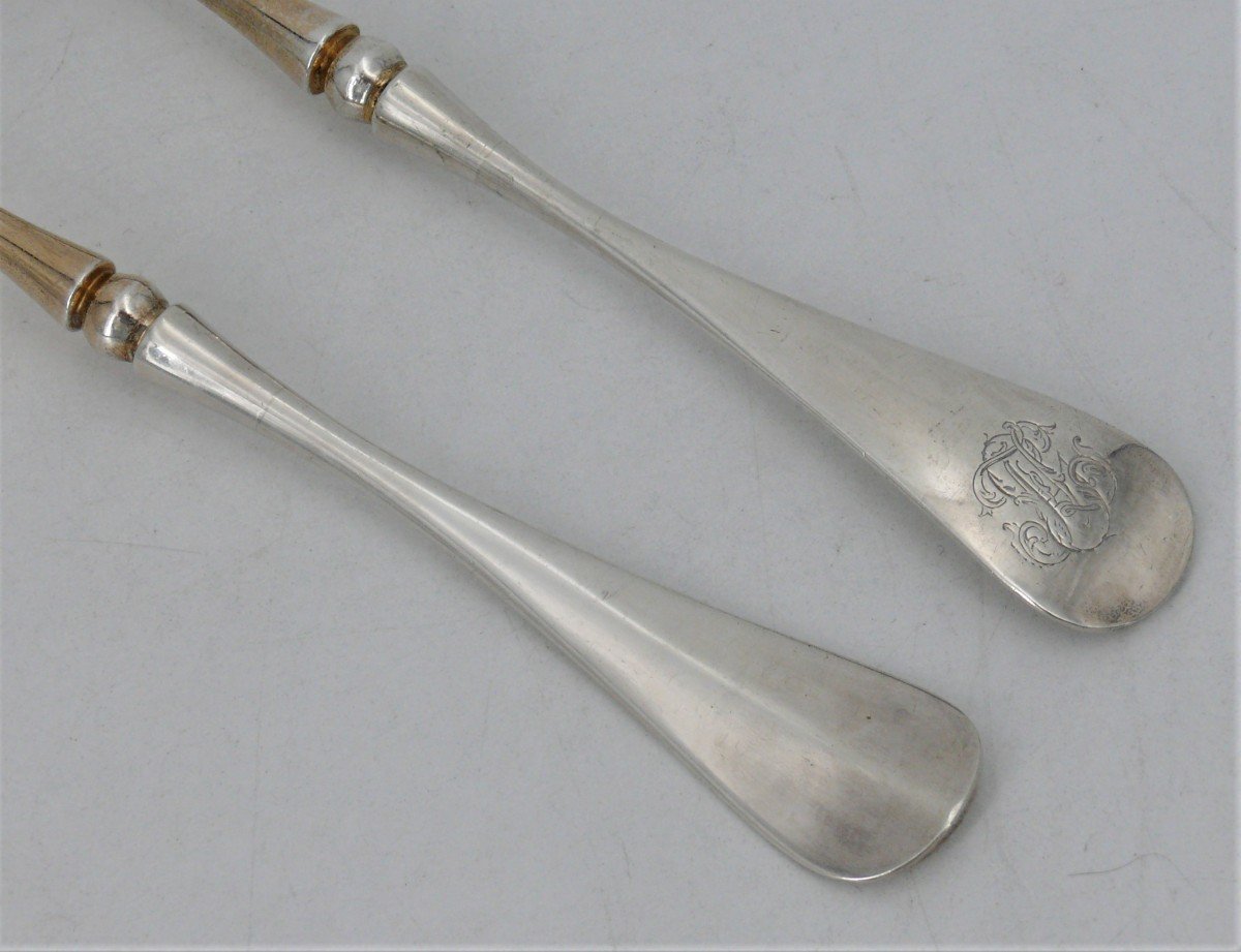 Salad Serving Cutlery, 2 Pieces In Sterling Silver Minerva, Vermeil, 268 G Excellent Condition.-photo-3