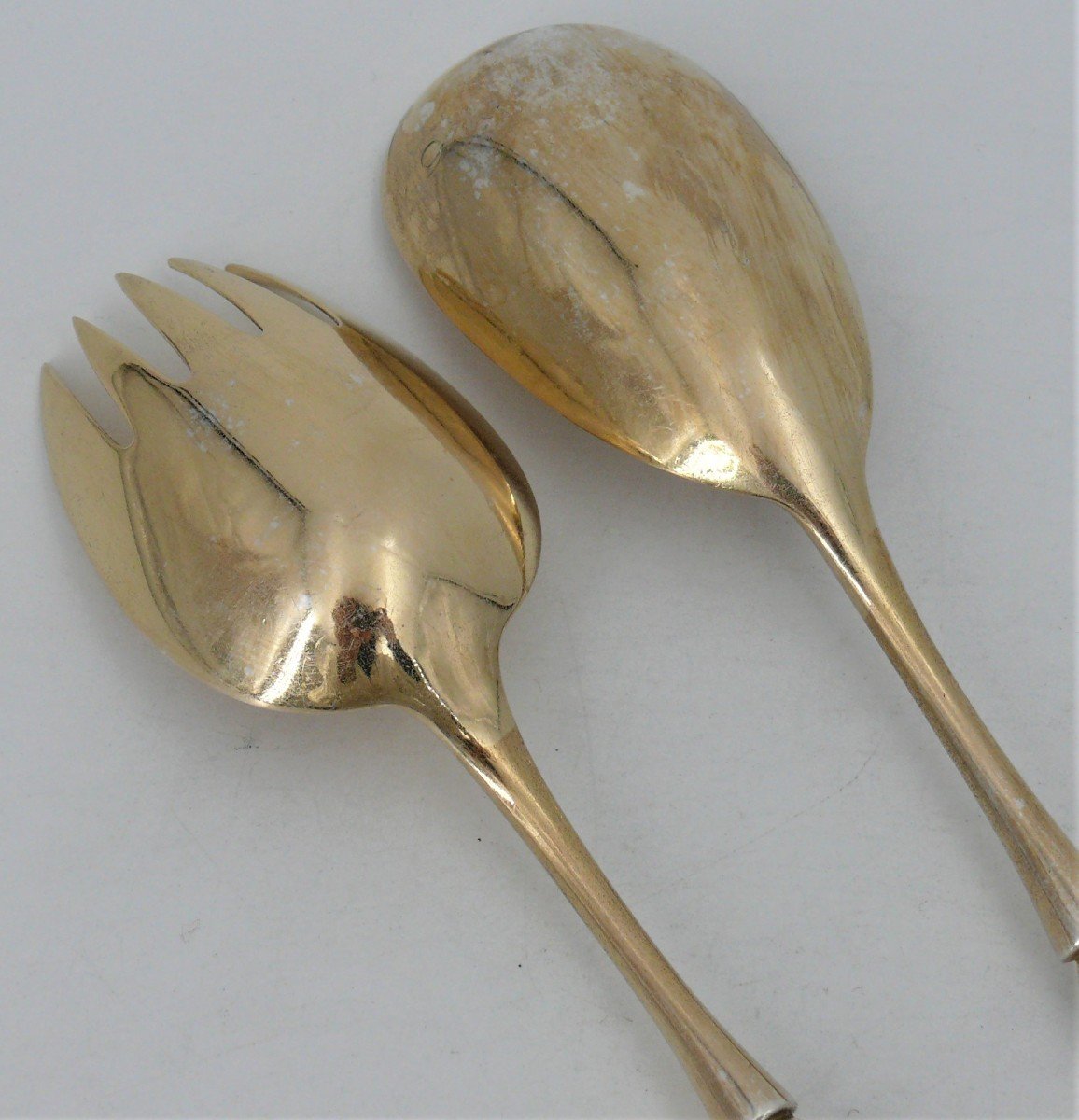 Salad Serving Cutlery, 2 Pieces In Sterling Silver Minerva, Vermeil, 268 G Excellent Condition.-photo-5