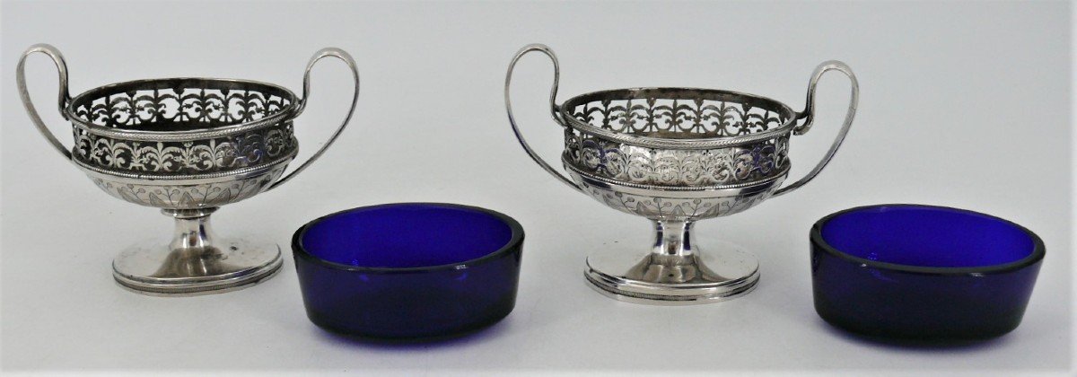 Pair Of 18th Century Solid Silver Salt Cellars/salt Cellars, Louis XVI, Original Blue Verrines.-photo-1